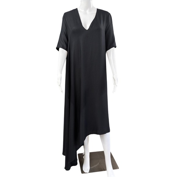 Simply Mila Dresses & Skirts - Simply Mila Black Asymmetrical V-Neck Midi Dress Short Sleeve Viscose Small USA